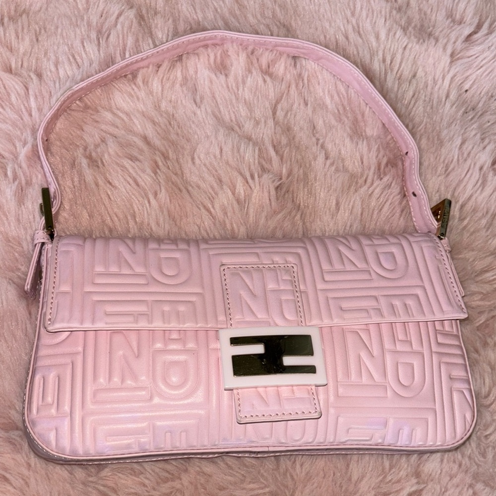 Fendi Logo Embossed Nappa Pink Leather Baguette